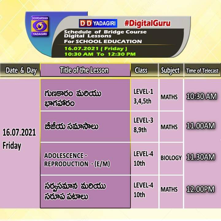 TS SCERT Digital Classes of 16.07.2021 Watch the online lessons of their DD Yadagiri